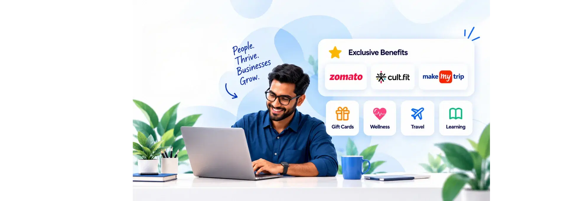 Happy employee enjoying exclusive benefits like gift cards, wellness, travel and learning